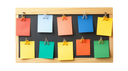 Colorful Notes on Blackboard: A visually appealing arrangement of brightly colored sticky notes, neatly clipped onto a dark chalkboard, offers a vibrant and organized workspace aesthetic.