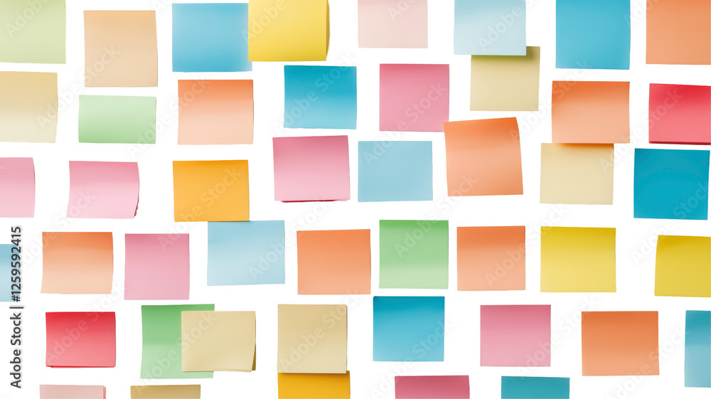 Poster colorful sticky notes collage: a vibrant collection of pastel-colored sticky notes arranged in a dyn