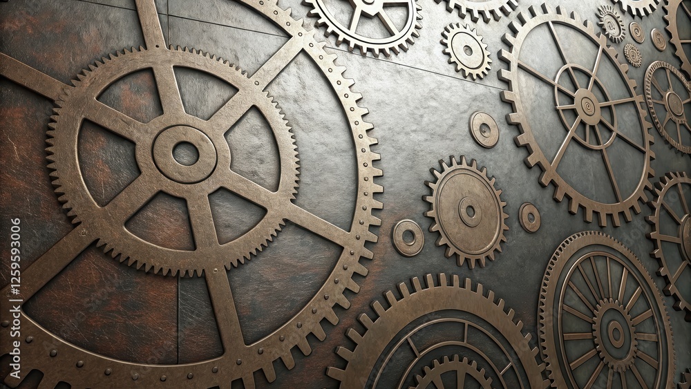 Poster futuristic and technology background concept, gears and cogs on a textured surface