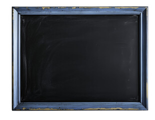 Fototapeta premium Blue Framed Blackboard: A rustic, dark-grey blackboard with a weathered, light-blue wooden frame, ready for your message or design. Perfect for adding text or images. 