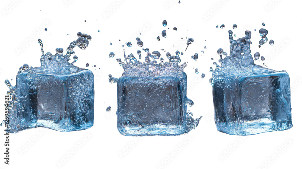 Poster ice cubes splash: three ice cubes, each captured in a moment of dynamic splash, showcase the refresh