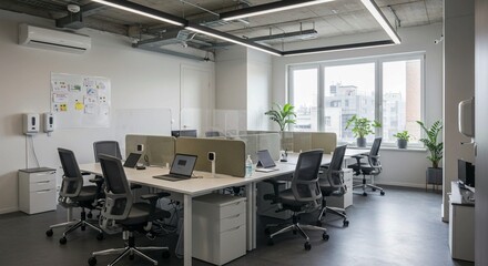 The spacious and airy feel of this office is emphasized by its large windows, neutral color palette, shared workspaces, and the presence of plants