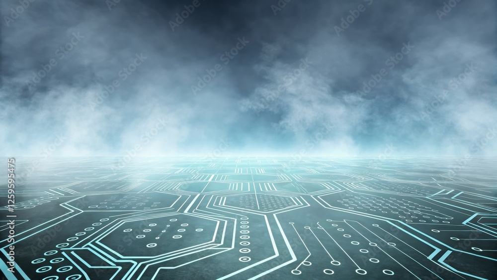 Aufkleber futuristic and technology background concept, digital landscape with fog and circuitry patterns