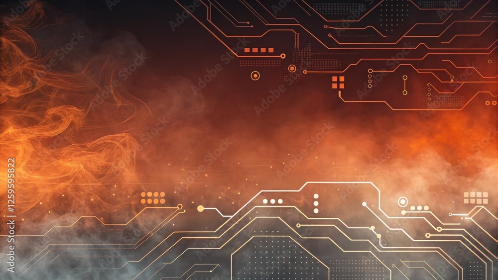 Poster futuristic and technology background concept, futuristic circuit design with fiery background