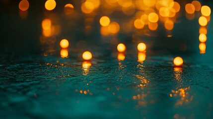 Street level perspective, golden light reflections, gentle rain droplets, dark teal background, city lights bokeh effect, atmospheric night photography, wet pavement texture, cinematic mood