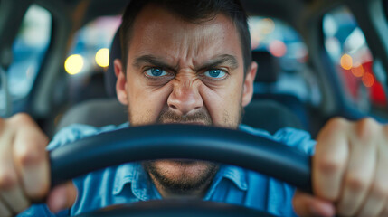 Angry Driver Stuck in Traffic Showing Road Rage