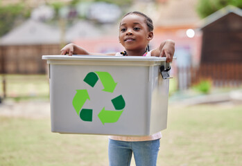 Black child, recycling box and outdoor for environment, ecology activism and picking garbage....
