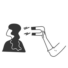 doodle icon hand holding magnet attracts person cartoon style