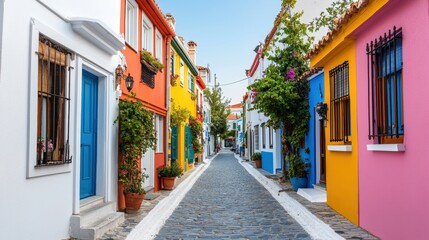 Obraz premium Mediterranean, harbor, tradition, A picturesque street lined with colorful houses, lush greenery, and cobblestones, inviting exploration and charm in a vibrant neighborhood.
