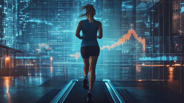 Realistic picture Runner on a treadmill with financial graphs projected ahead, persistence and long-term business growth. - Powered by Adobe