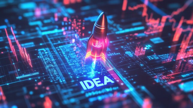 Rocket launching with the word "IDEA" written on it, leaving a trail of digital business success graphs, startup acceleration.