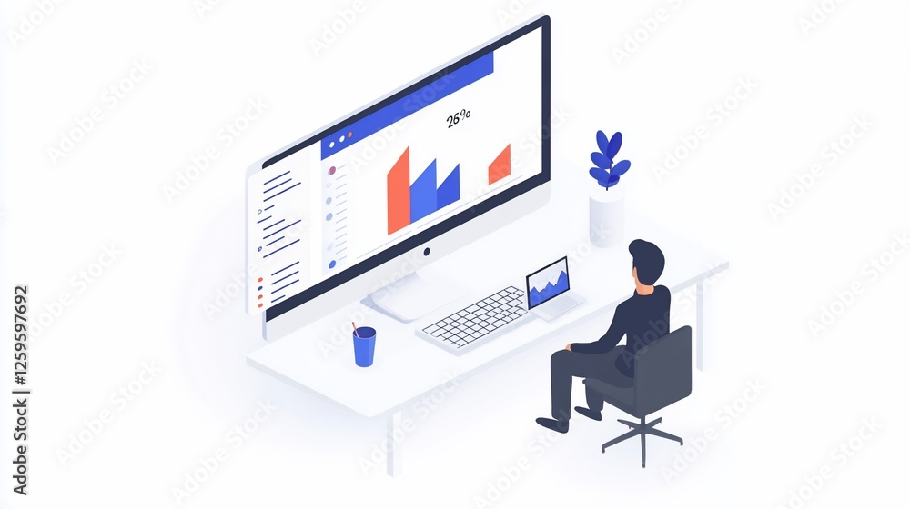 Poster businessman analyzing data on a computer
