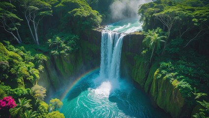 Magical waterfall view  in the center of tropical  forest 