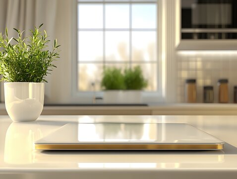 Modern kitchen scene with plant and tablet device on counter with bright window light
