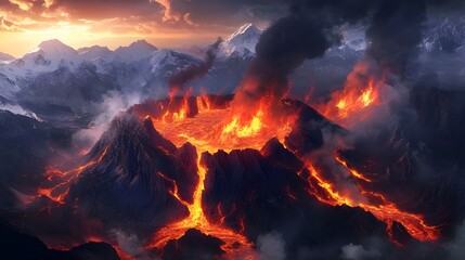 High-resolution digital image depicting a dramatic aerial view of an active volcano. The central focus is the fiery crater, glowing with intense orange and red hues, surrounded by rugged, jagged peaks