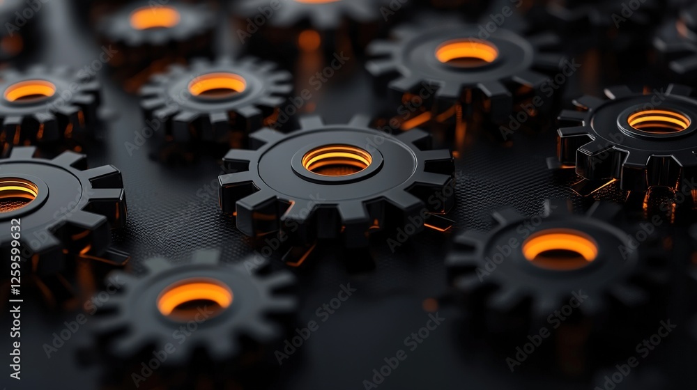 Poster industrial gears in motion workshop setting macro dark environment close-up view mechanism concept