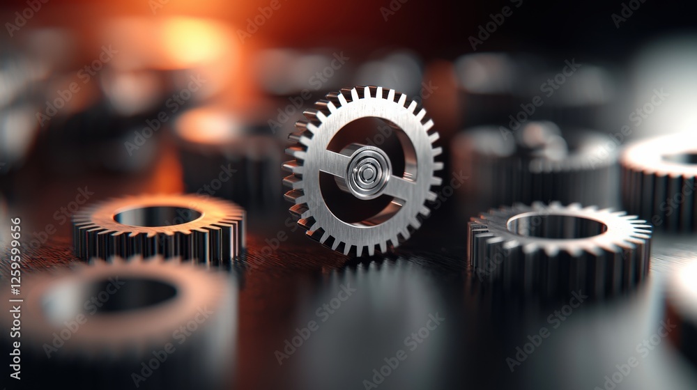 Poster industrial mechanisms in motion gears and cogs in workshop setting close-up detail dynamic lighting 