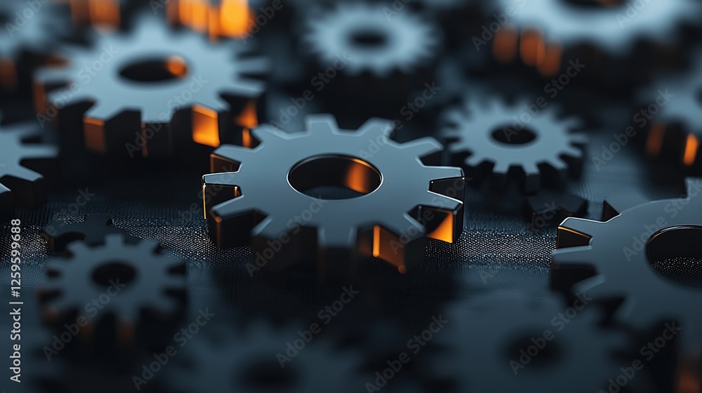 Poster mechanical gears in motion industrial workshop high-resolution image dark atmosphere close-up view e
