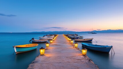 Fototapeta premium Mediterranean, harbor, tradition, A serene pier at sunset, lined with boats and lit lanterns, extending into calm blue waters under a colorful sky.