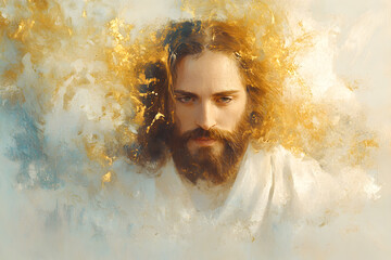 A digital artistic oil painting of Jesus, depicted with a serene and compassionate expression