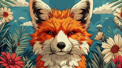 A vibrant illustration of a fox with striking features amidst colorful flowers.