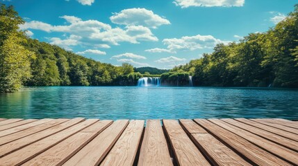 Serene waterfall lake, wooden dock, summer