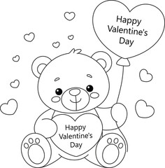 Teddy bear holding a heart-shaped balloon with “Happy Valentine’s Day”, valentine's day coloring page for kids