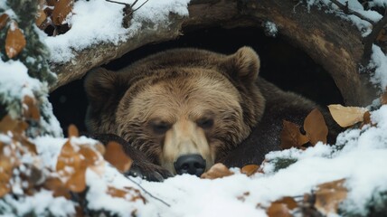 Brown bear hibernating in a snowy den during winter.