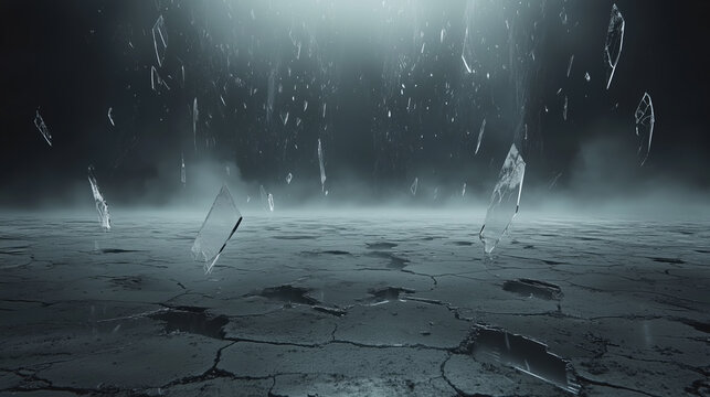 minimalist and surreal barren landscape featuring cracked ground and floating shards of glass. atmosphere is moody and ethereal, evoking sense of desolation and intrigue