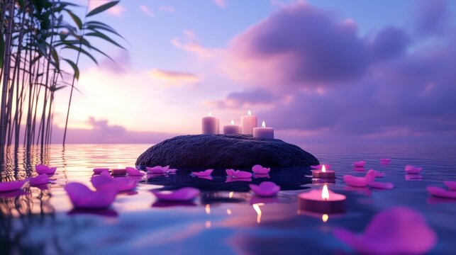bamboo, candles, and pink petals floating on water, with a rock in the middle and a blue sky with purple clouds in the background. High definition, very detailed. 