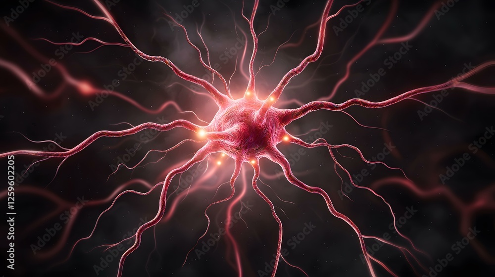 Poster the image shows a detailed rendering of a neuron, a nerve cell, with its soma (cell body) and numero