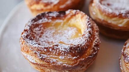 Fototapeta premium A close-up of a freshly baked halal pastel de nata, with its crisp, flaky pastry and creamy custard filling