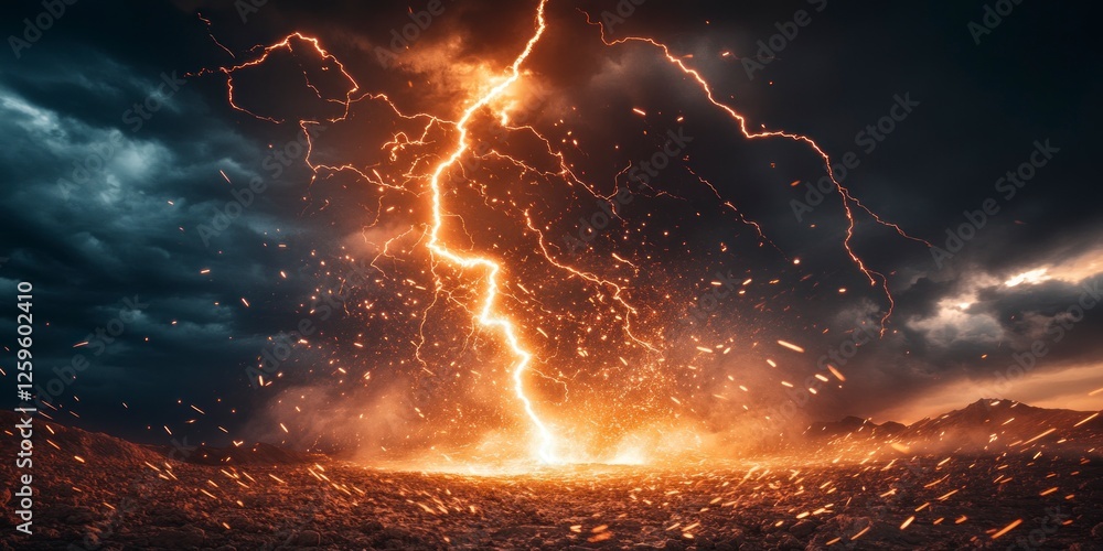 Poster a massive lightning bolt, with dark clouds in the background and light on top of it. the bottom is c