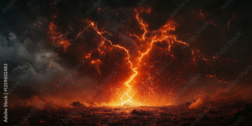 Poster a massive lightning bolt, with dark clouds in the background and light on top of it. the bottom is c