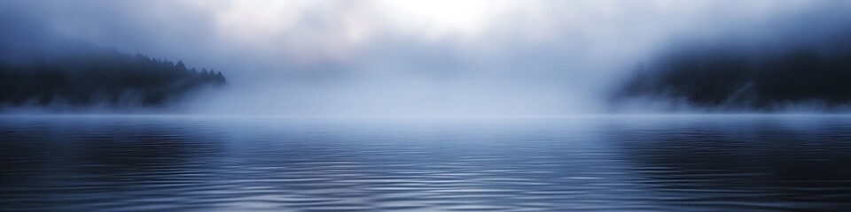 A dense fog rolling over a tranquil lake creating a mysterious and ethereal atmosphere