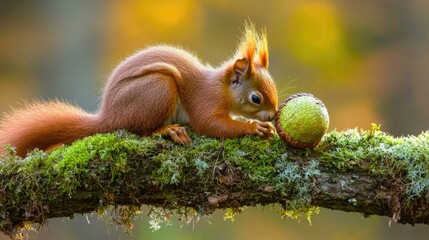 Obraz premium A curious squirrel examines a green acorn on a mossy branch in a vibrant autumn forest