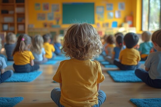 Preschoolers classroom meditation, colorful walls