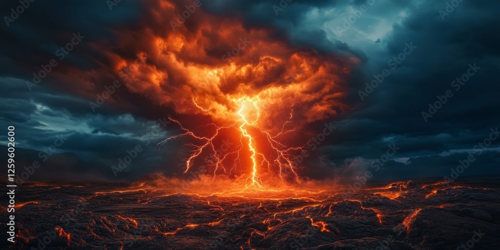 Poster a massive lightning bolt, with dark clouds in the background and light on top of it. the bottom is c