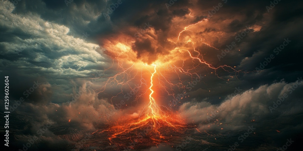 Poster a massive lightning bolt, with dark clouds in the background and light on top of it. the bottom is c
