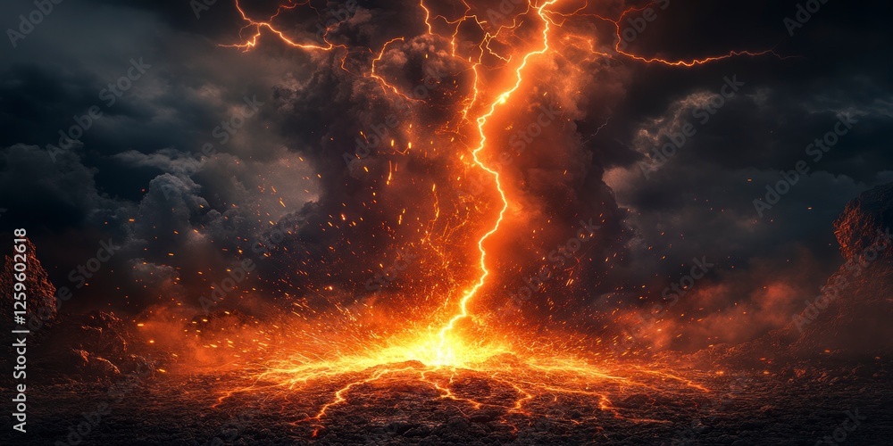 Poster a massive lightning bolt, with dark clouds in the background and light on top of it. the bottom is c