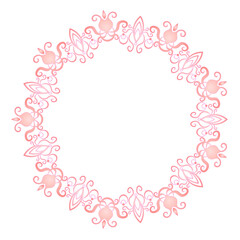 Round frame with pink flowers on a white background. Vector illustration.