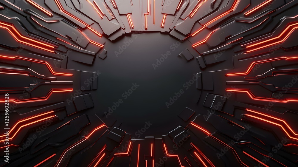 Poster a dark, abstract background features a circular central area surrounded by a complex arrangement of 