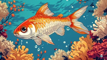 A vibrant illustration of a koi fish swimming among colorful corals in a serene underwater scene.