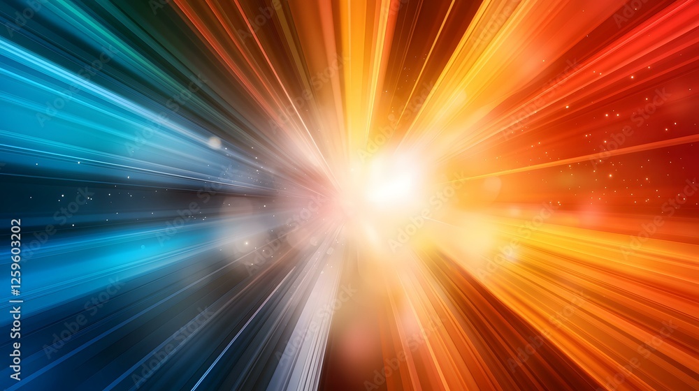 Poster the image shows a vibrant abstract background with radiating lines of blue and orange converging tow