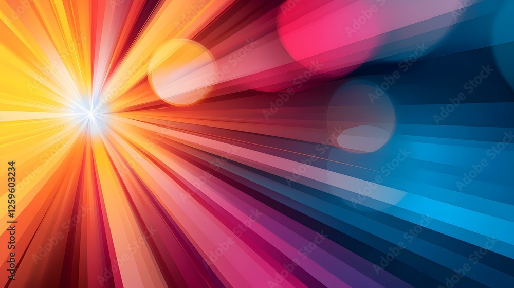 Poster the image contains an abstract design featuring a burst of radiating lines in warm and cool colors, 