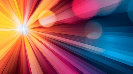 Obraz premium The image contains an abstract design featuring a burst of radiating lines in warm and cool colors, transitioning from orange and pink to blue. There are also blurred circular shapes superimposed on