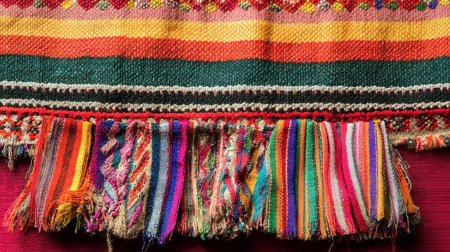 Colorful woven textile featuring intricate patterns and vibrant fringes from a traditional craft in Peru