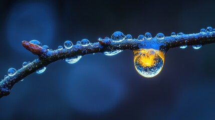 Dewdrops on twig, sunrise, blurred background, nature photography