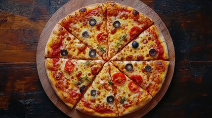 Delicious sliced pizza on wood, overhead shot