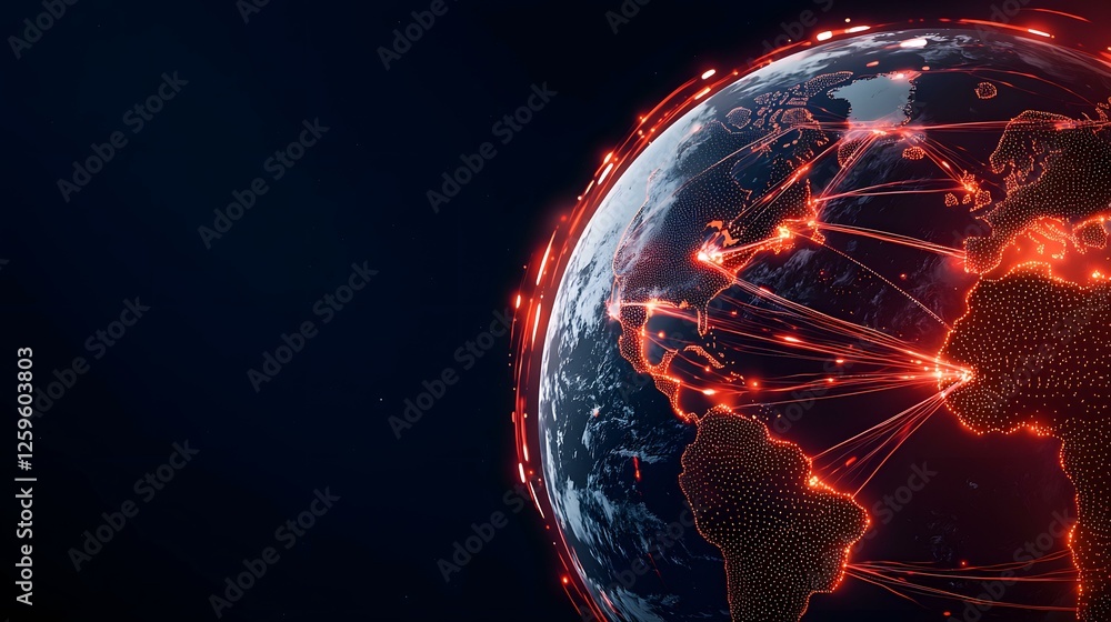 Poster the image shows a stylized representation of the earth with glowing red lines connecting various poi